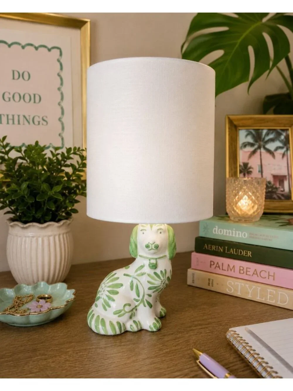 New Green & White Ceramic Dog Chinoiseriw Coastal Home Office Room Decor Lamp